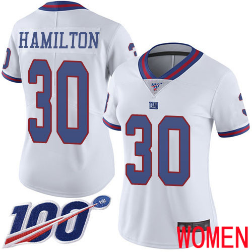 Women New York Giants #30 Antonio Hamilton Limited White Rush Vapor Untouchable 100th Season Football NFL Jersey